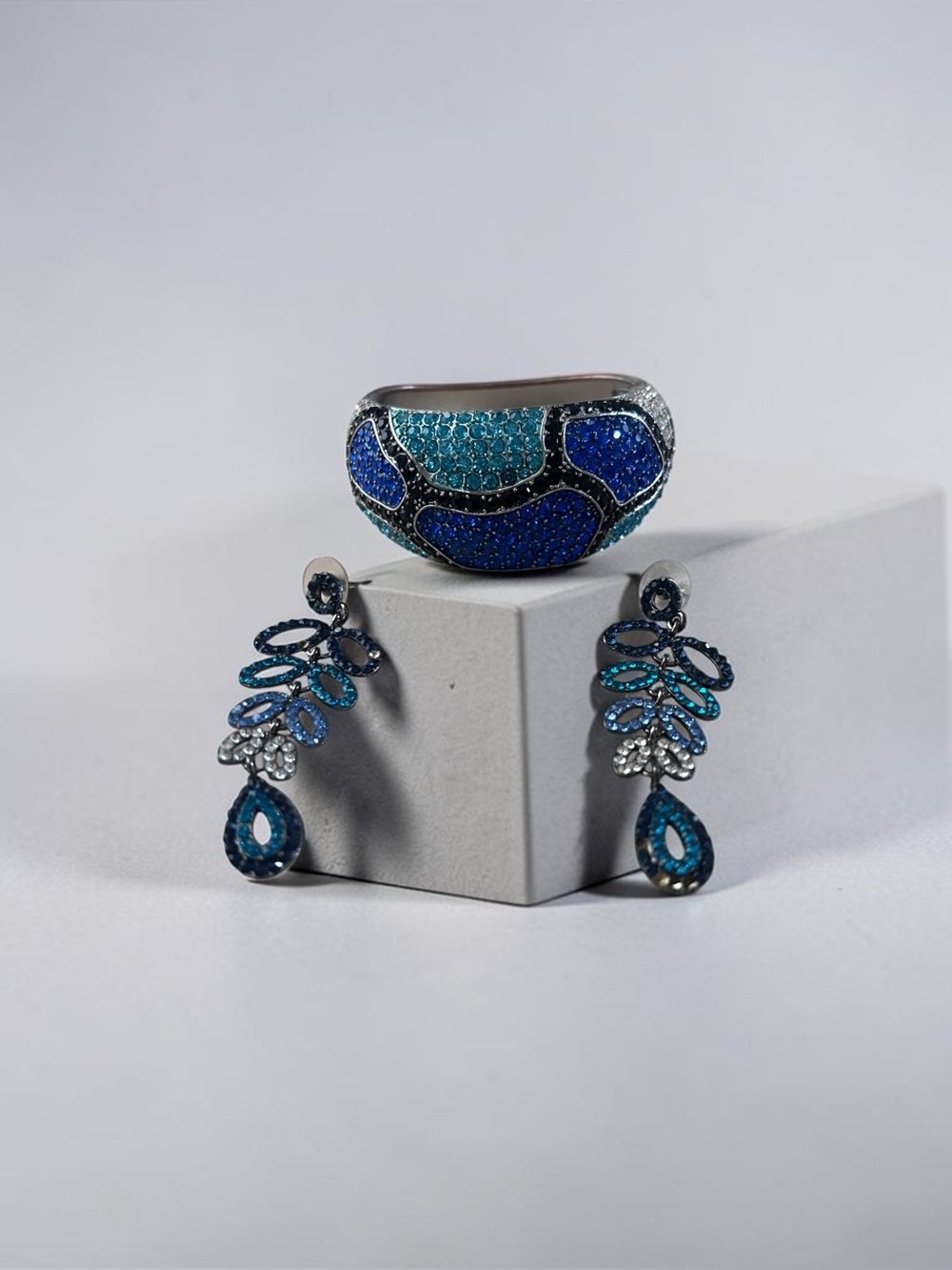 Silver Blue Teardrop Crystal Earrings and Statement bracelet Set